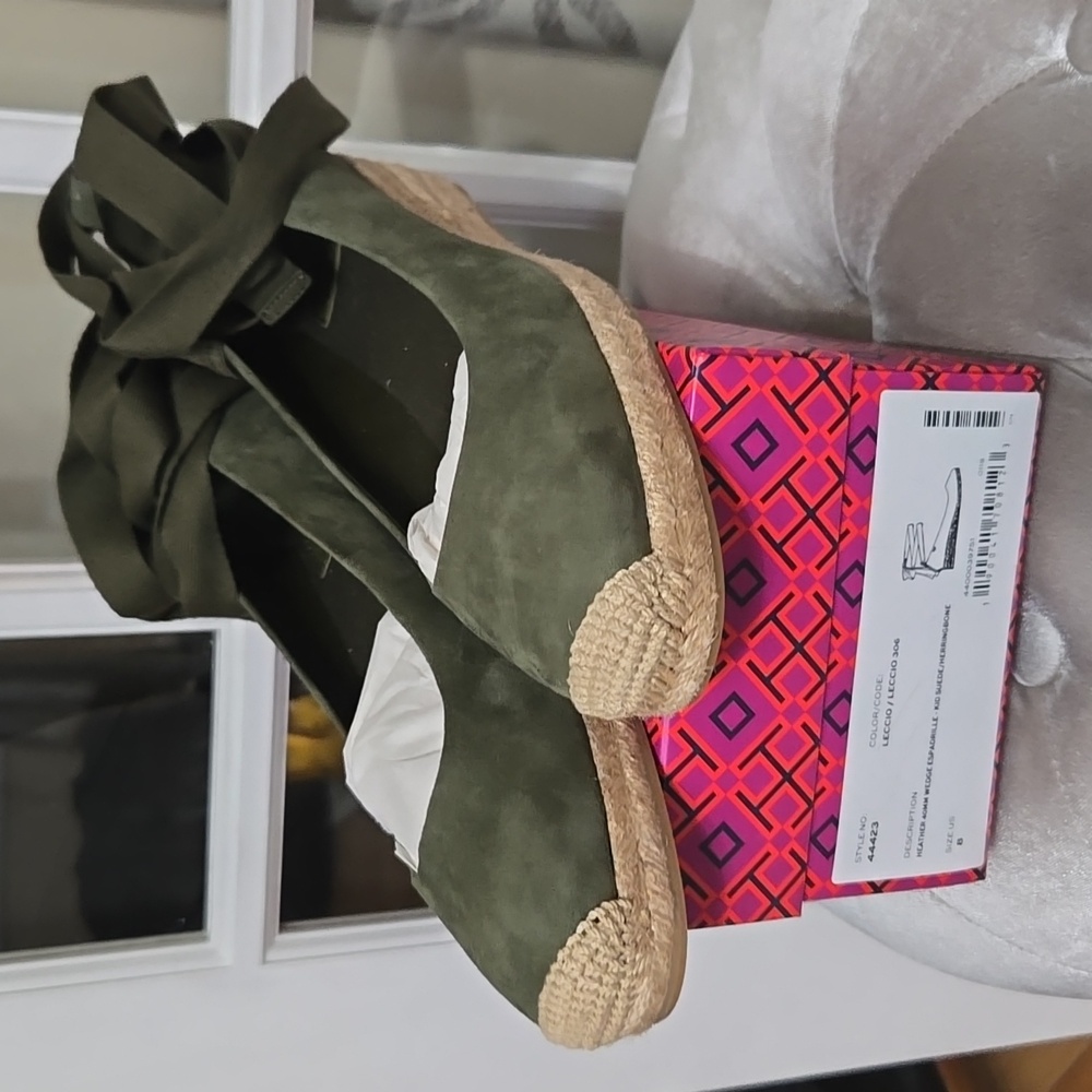 Tory Burch Heather 40MM Espadrille Ankle Wrap Wedge Leccio Green Suede Sz 8